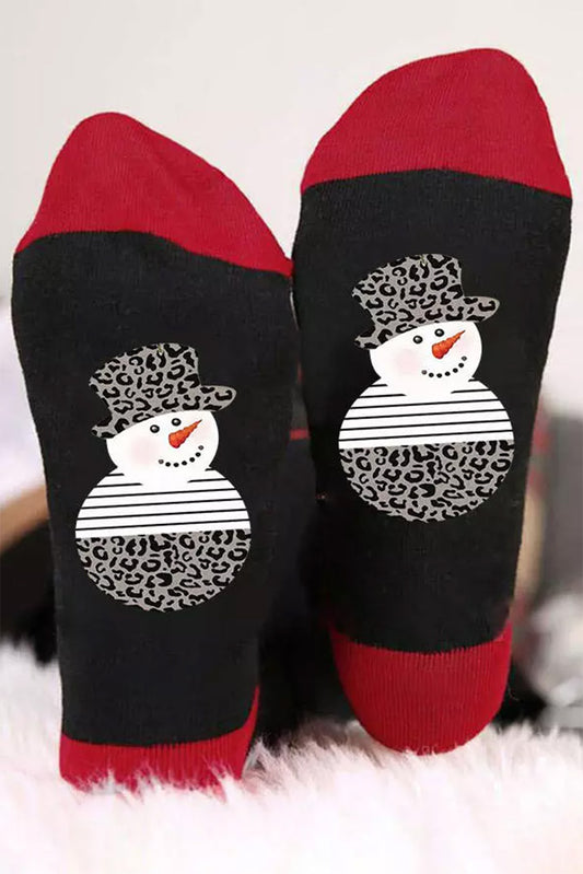 Black Christmas Snowman Color Block Crew Socks 