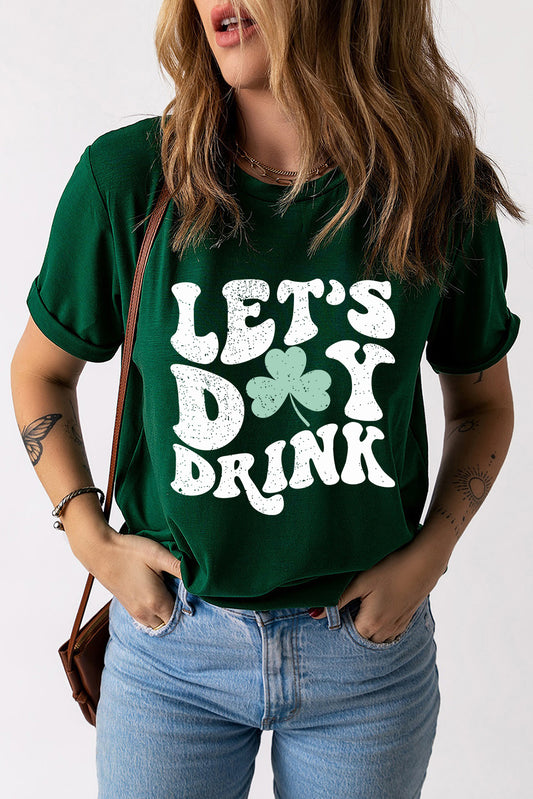 Green Lets Day Drink Clover Print Round Neck T Shirt