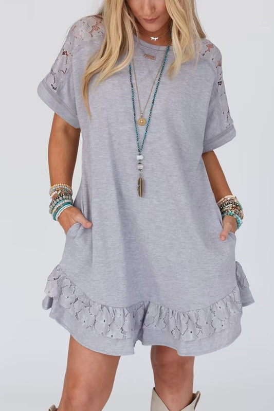 Light Gray Lace Floral Patchwork Ruffled T-shirt Dress
