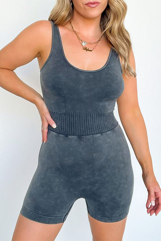 Carbon Gray Mineral Wash Ribbed High Waist Athleisure Romper
